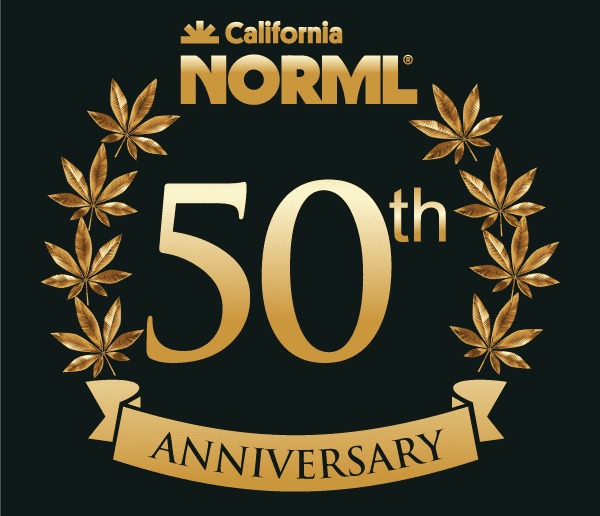 An emblem features "California NORML" at the top, followed by a golden "50th" encircled by laurel leaves. Below, a ribbon with the word "Anniversary" completes the design. The image celebrates the 50th anniversary of California NORML. CA Norml