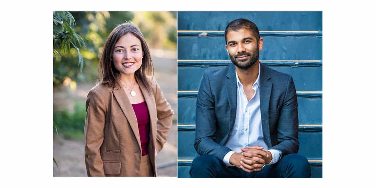 A composite image featuring two people. On the left, a woman with long brown hair in a brown blazer stands outside smiling. On the right, a man with short dark hair and a beard, wearing a gray suit, sits on blue stairs with a serious expression. The image is tagged "Policy Webinar," hinting at an important event on August 25.
 CA Norml