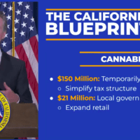 Gov. Newsom stands at a podium labeled "GOVERNOR OF THE STATE OF CALIFORNIA," speaking with U.S. and state flags behind him. A nearby screen displays "THE CALIFORNIA BLUEPRINT: CANNABIS," discussing cannabis cultivation tax reductions and government grants, while a sign language interpreter is shown. CA Norml