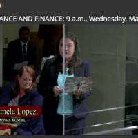 A woman stands and speaks at a public hearing titled "GOVERNANCE AND FINANCE: 9 a.m., Wednesday, May 4, 2022." A nameplate below reads "Pamela Lopez, California NORML," highlighting the issue of cannabis tax relief. Another woman sits beside her in the audience area. CA Norml