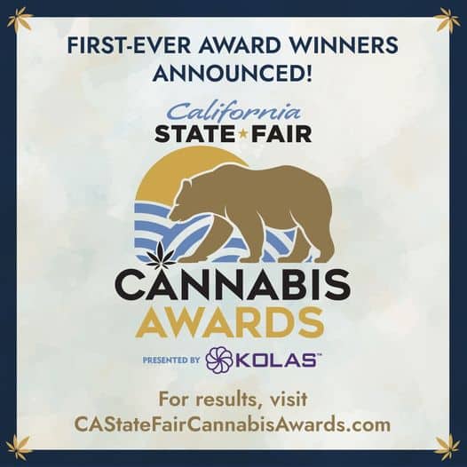 An announcement graphic for the CA State Fair Cannabis Awards, presented by Kolas. It features a bear silhouette with a sun and wave background, and text stating "First-ever award winners announced!" along with a website link for results: CAStateFairCannabisAwards.com. CA Norml