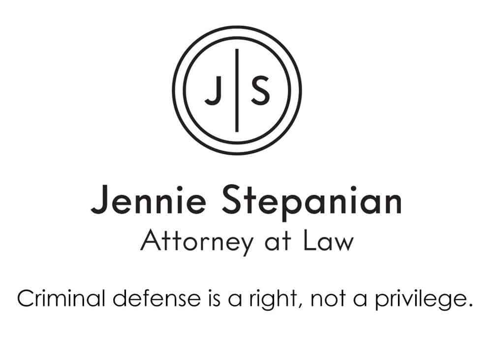 Logo for "Jennie Stepanian, Attorney at Law," featuring the initials "JS" in a circle above her name. Below, the text reads, "Criminal defense is a right, not a privilege. CA Norml