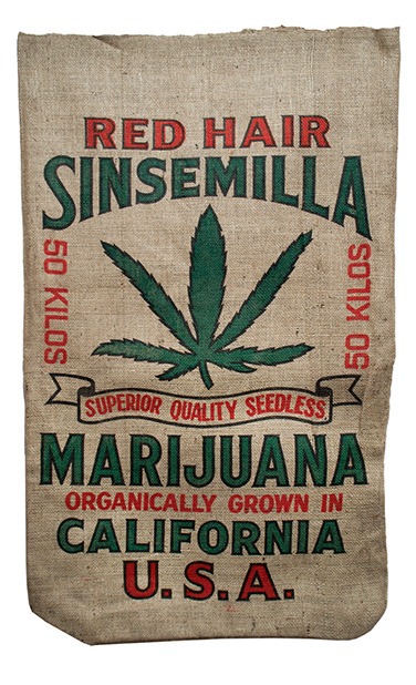 Image of an empty 50 kilo burlap bag for RedHair Sinsemilla