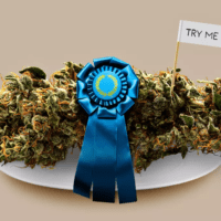 A large cannabis bud sits on a white plate, adorned with a blue ribbon award attached to it. A small flag with the text "TRY ME" is planted in the bud, suggesting it is a winning or recommended strain from the California State Fair. The background is plain beige. CA Norml