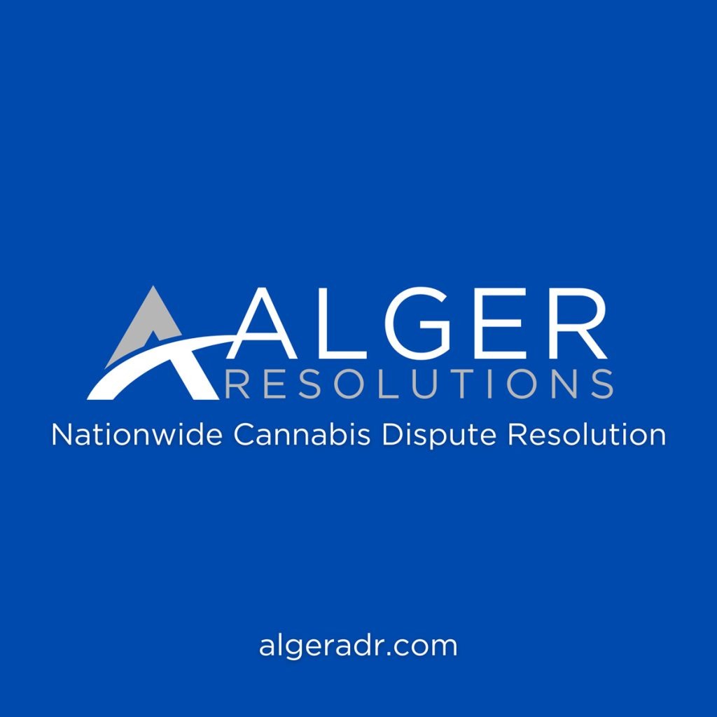 A blue and white logo reads "ALGER RESOLUTIONS" with a caption below saying "Nationwide Cannabis Dispute Resolution by Timothy L. Alger." The website "algeradr.com" is displayed at the bottom. CA Norml