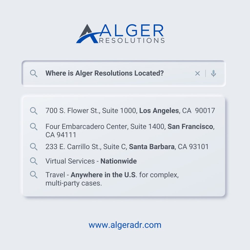 Search box asking "Where is Alger Resolutions Located?" with a dropdown showing locations: 1. Los Angeles, CA. 2. San Francisco, CA. 3. Santa Barbara, CA. 4. Virtual Services - Nationwide. 5. Travel - Anywhere in the U.S. for complex, multi-party cases by Timothy L. Alger. Website: www.algeradr.com. CA NORML Legal Committee member