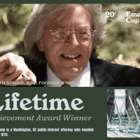 Image of a man with long hair and glasses, wearing a suit and smiling. Text reads "20th Emerald Cup," "R. Keith Stroup, Esq., Founder of NORML," "Lifetime Achievement Award Winner." Bottom text states he is a Washington, DC attorney who founded NORML in 1970. An array of glass trophies is displayed in the lower right corner at the prestigious Emerald Cup CA Norml