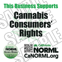 Image with text promoting support for cannabis consumers' rights. It includes a prominent statement "This Business Supports Cannabis Consumers' Rights," logos for California NORML, a QR code, and a URL to CaNORML.org. Additional benefits are highlighted in the media kit. The word "SAMPLE" is repeated in the background. CA Norml