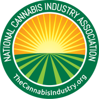 The logo of the National Cannabis Industry Association features a sunrise over a green field within a circle. "National Cannabis Industry Association" is written on the top curve, and "TheCannabisIndustry.org" is at the bottom. The media kit provides additional benefits for branding and outreach. CA Norml