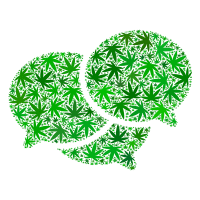 Two overlapping speech bubbles filled with a pattern of green marijuana leaves on a white background. The design, perfect for a media kit, gives the impression of the bubbles being made entirely out of cannabis leaves. CA Norml