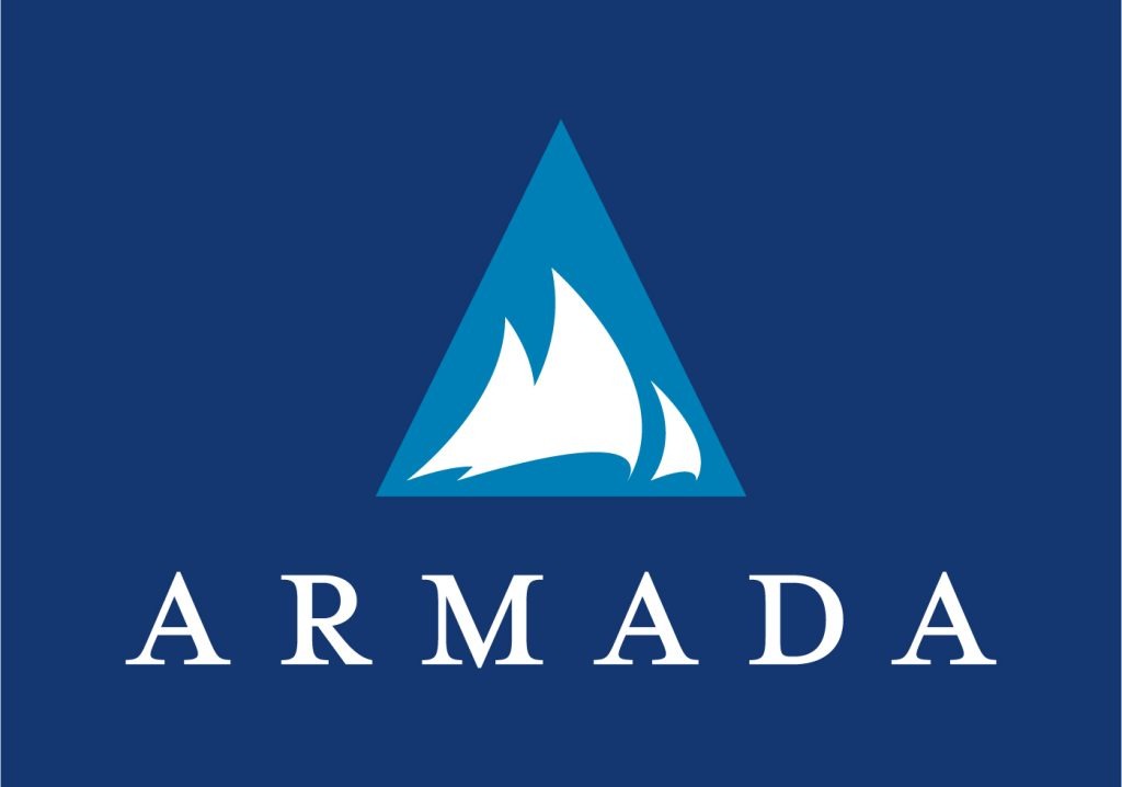 A navy blue background featuring a white stylized sailboat within a blue triangular shape above the words "ARMADA LAW CORP" in white, uppercase letters. CA Norml