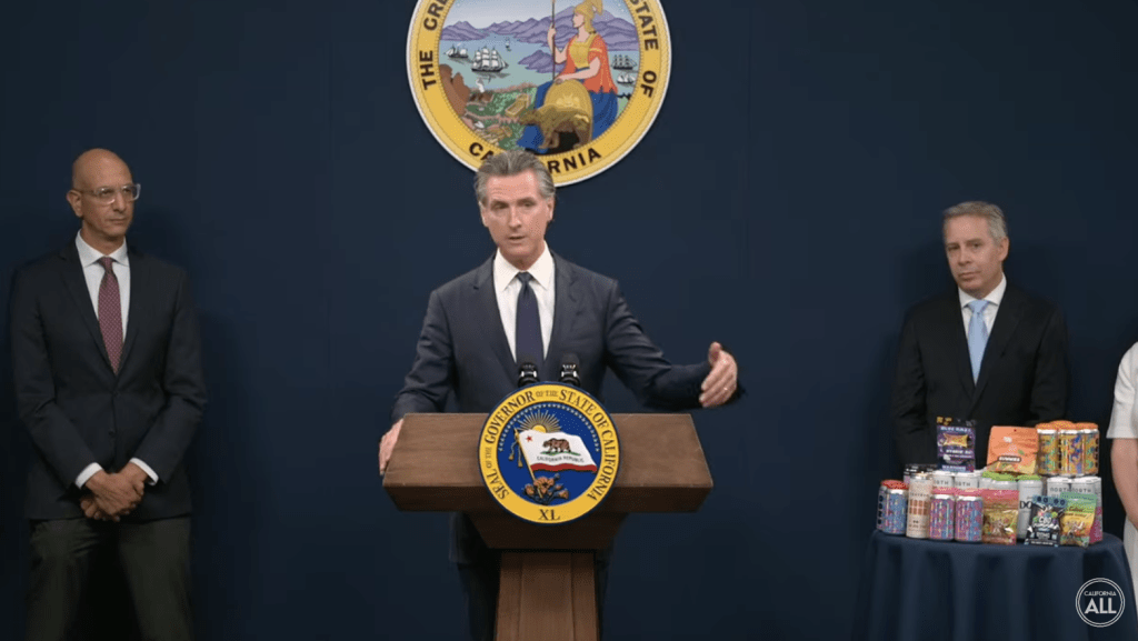 Gov. Newsom speaks at a press conference announcing emergency regulations on hemp products in California. 