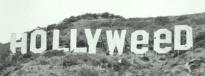 A black and white photo shows the famous Hollywood Sign on a hillside. The sign has been altered to read "Hollyweed" instead of "Hollywood." The alteration includes modifying the two 'O's to resemble lower-case 'e's. The background includes shrubs and trees on the hillside. CA Norml