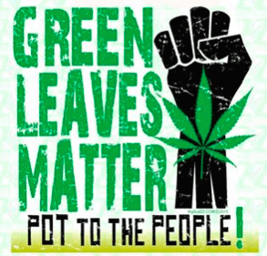 A graphic reading "GREEN LEAVES MATTER POT TO THE PEOPLE!" A black fist is raised up with a green cannabis leaf overlaying it. The text and imagery are primarily in green and black. CA Norml