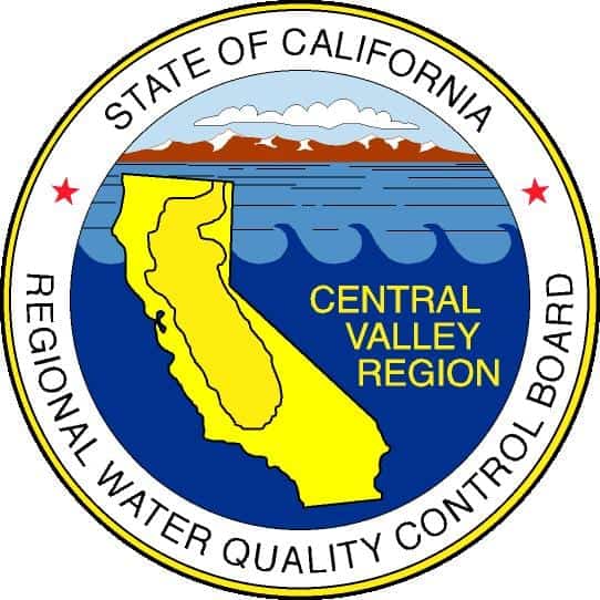 A logo featuring "State of California Regional Water Quality Control Board" around the perimeter. Inside, a yellow map of California highlights the Central Valley Region in yellow, set against a blue background with waves, mountains, and clouds. CA Norml