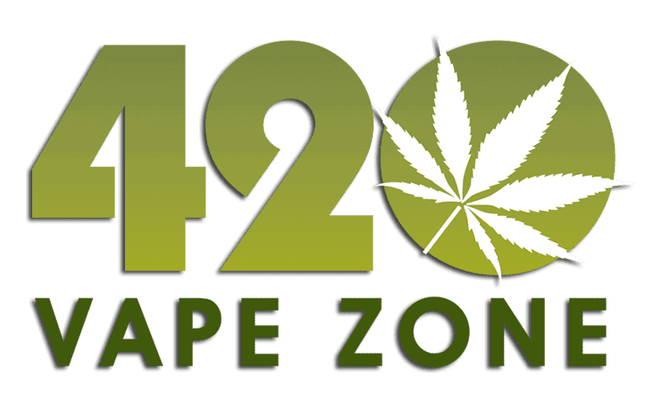 Text "420 VAPE ZONE" in gradient green, with the number "0" replaced by a large cannabis leaf. CA Norml