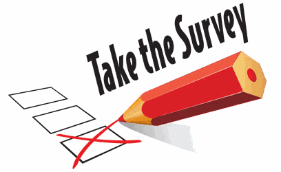 A large red pencil is shown marking an 'X' on a checkbox, accompanied by the bold text "Take the Survey" in black, tilted upwards to the right. To the left of the pencil, three empty checkboxes await responses on important issues such as employment rights for California cannabis consumers. CA Norml