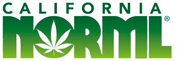 The image features the logo of California NORML (CaNORML), with "CALIFORNIA" written in green uppercase letters and "NORML" in a bold gradient from green to yellow. The "O" in "NORML" contains a white cannabis leaf, providing a recognizable link to their advocacy website. CA Norml