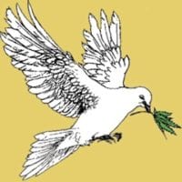 Illustration of a white dove in flight against a yellow background. The bird carries a green branch in its beak, symbolizing peace. The wings are spread wide, showing detailed feathering, embodying our mission for harmony and unity. CA Norml