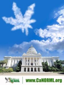 The image shows the California State Capitol building in bright daylight. Above the building, a cloud in the shape of a cannabis leaf stands out against the blue sky. The California NORML logo and website URL, www.CaNORML.org, are displayed at the bottom, reminiscent of an activist's bill. CA Norml