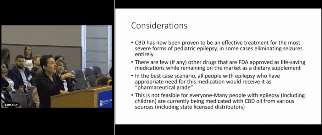 A speaker presents to an audience while a slideshow with the title "Considerations" is displayed. The slide discusses the benefits and limitations of CBD oil for treating severe forms of pediatric epilepsy, noting that CBD derived from hemp has proven effective but faces regulatory challenges from the FDA. CA Norml