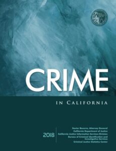 Cover image of the report titled "Crime in California." The background features a textured blue-green design. The title "CRIME" is prominently displayed in bold white letters, with "IN CALIFORNIA" beneath it in smaller text. The publication year, CA 2018, appears at the bottom. CA Norml