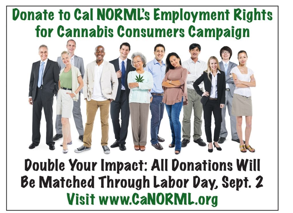 A diverse group of people smile and stand together on a white background. Above them, green text says "Donate to Cal NORML's Employment Rights for Cannabis Consumers Campaign." Below, text says "Double Your Impact: All Donations Will Be Matched Through Labor Day, Sept. 2. CA Norml