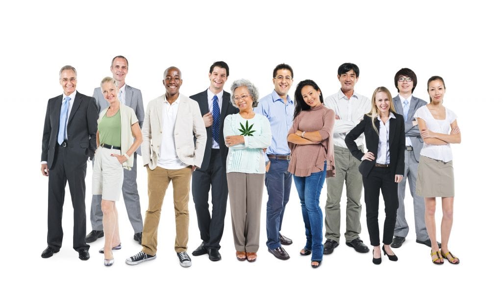 A diverse group of people standing and smiling at the camera, dressed in various business casual and formal attire. One person in the center holds a large leaf, symbolizing the Cal NORML initiative. The plain white background emphasizes each individual in this Employment Rights Campaign photo. CA Norml