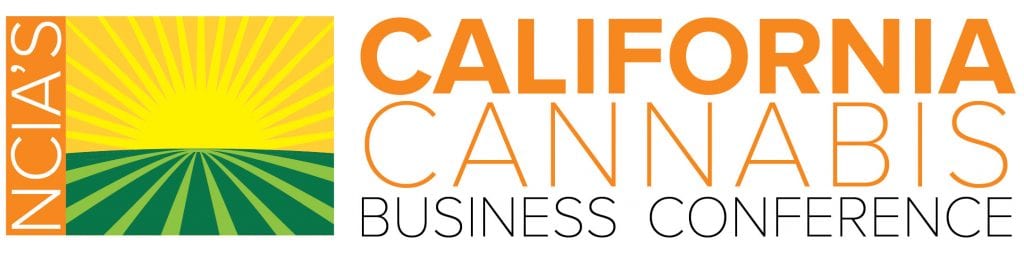 Logo for the NCIA's California Cannabis Business Conference. The design features a bright yellow sun rising over a green field on the left, with "NCIA's" written vertically. The right side displays the text "California Cannabis Business Conference" in orange and black, capturing the spirit of cannabis entrepreneurs. CA Norml