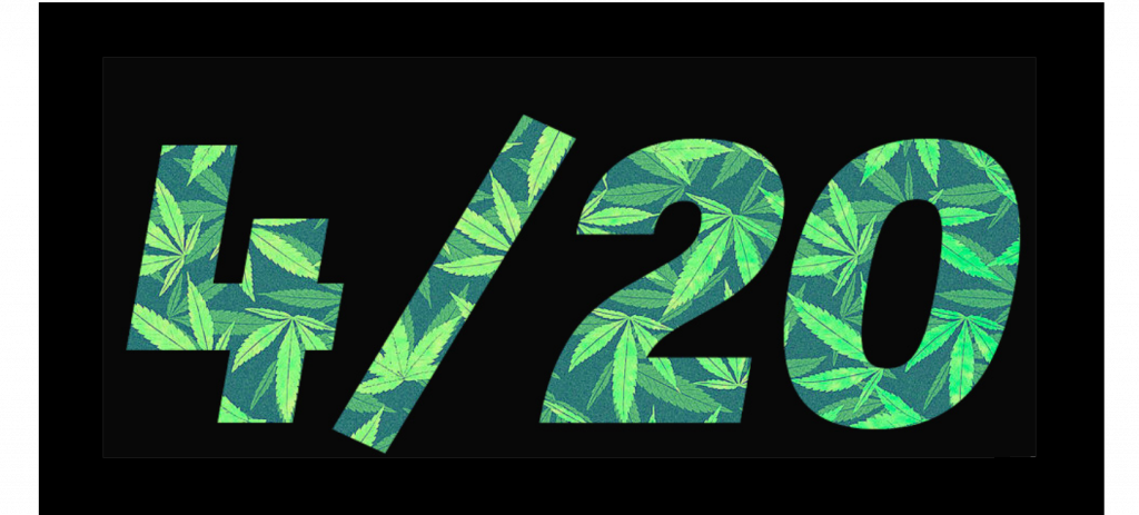 The numbers "4/20" are displayed in large fonts filled with a pattern of green cannabis leaves on a black background. With links to online celebrations and shows you can stream to celebrate, think ahead and #flattenthe420curve. CA Norml