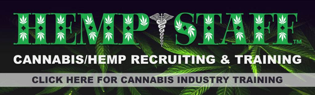 Banner image with text: "Hemp Staff - Cannabis/Hemp Recruiting & Training." Background features cannabis leaves. A banner along the bottom reads, "Click Here for Surviving in the 2020 Style Cannabis Industry. CA Norml