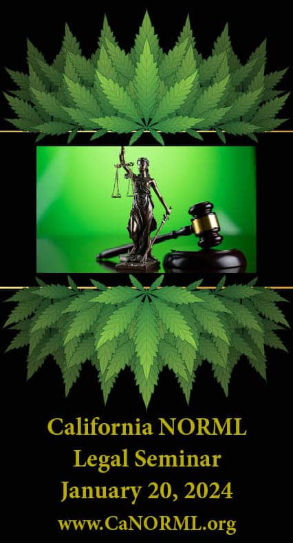 Image promoting the Cal NORML Legal Seminar 2024 on January 20. The design features a statue of Lady Justice and a gavel against a green background, framed by cannabis leaves. Event details and the website www.CaNORML.org are provided at the bottom. CA Norml