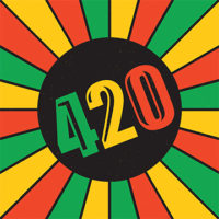 A black circle in the center of the image features the number "420" in green, yellow, and red. Radiating from the circle are alternating red, yellow, and green stripes, creating a vibrant sunburst pattern reminiscent of Cal NORML events. CA Norml