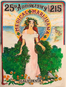 Art Nouveau-style poster celebrating the 25th anniversary of Prop. 215 and Cal NORML, featuring a woman in a white dress and flower crown holding a cannabis plant, with lush greenery and a coastal landscape in the background, and text reading "Medical Marijuana. CA Norml