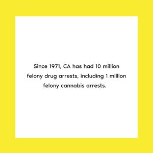 Text on a white background with a yellow border: "Since 1971, CA has had 10 million felony drug arrests, including 1 million felony cannabis arrests. Celebrate Drug Peace Day on June 17 with Cal NORML. CA Norml