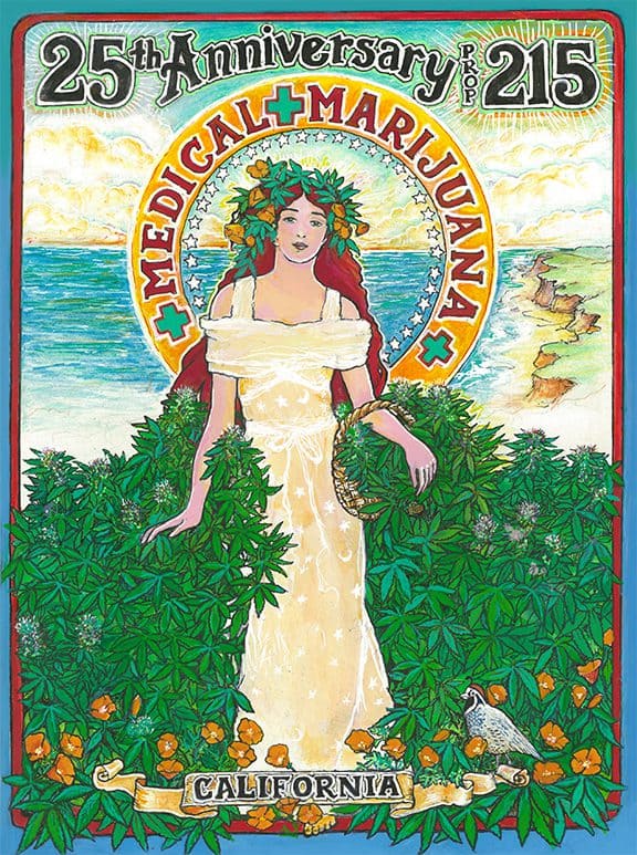 A vibrant poster celebrating the 25th anniversary of Proposition 215. It shows a woman in a white dress and flower crown surrounded by marijuana plants. The words "Medical Marijuana" and "California" are prominently displayed with a scenic coastal background. CA Norml