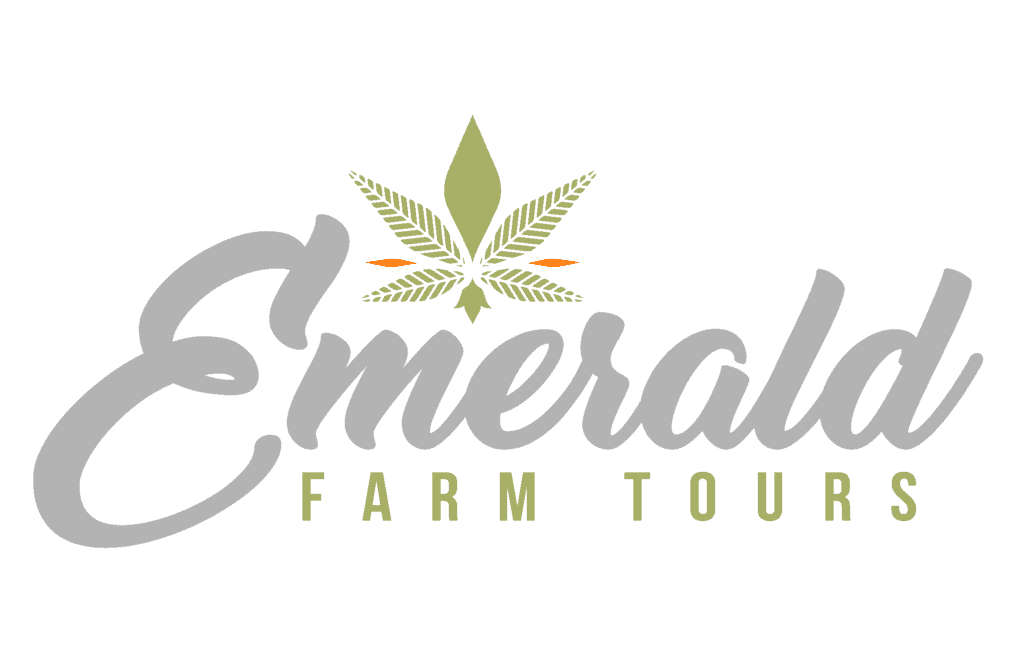 Logo for Emerald Farm Tours. The word "Emerald" is written in a white cursive script, with "FARM TOURS" in smaller, green block letters beneath it. Above the text is a graphic of a green cannabis leaf with two small orange accents. The background is light green, celebrating the 25th Anniversary of Prop 215 in San Francisco. CA Norml