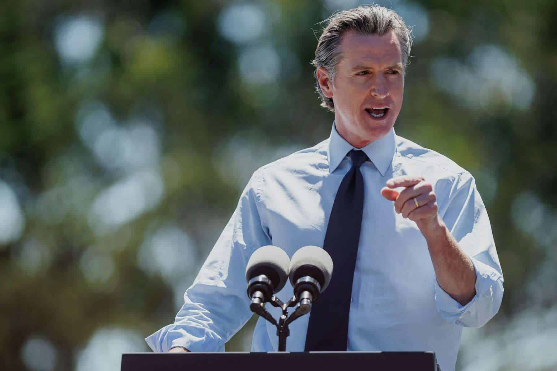 A person in a light blue shirt and black tie speaks passionately at a podium with three microphones, gesturing with their right hand. The background shows blurred green foliage and bright light, suggesting an outdoor setting. They advocate for employment rights, emphasizing the need for workplace reform measures. CA Norml
