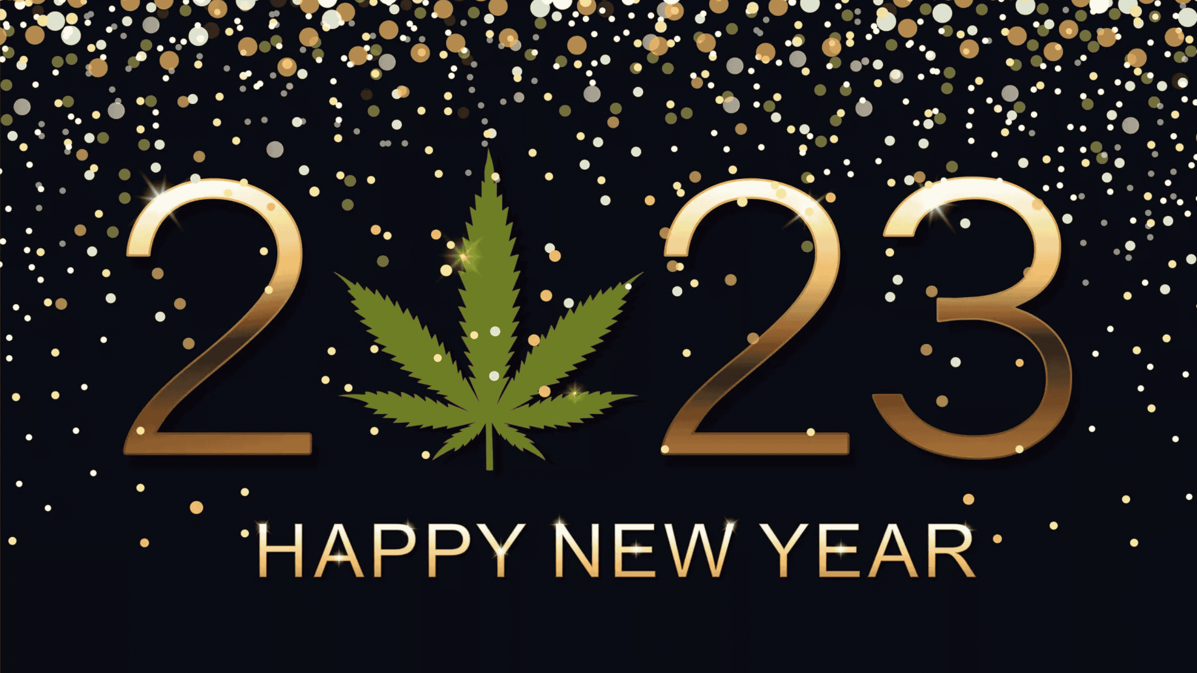 An illustration features "2023" in large gold numbers, with a cannabis leaf replacing the "0". Gold confetti sprinkles from the top, and "Happy New Year" is written below in gold text. The background is black, creating a festive atmosphere that nods to California cannabis laws. CA Norml