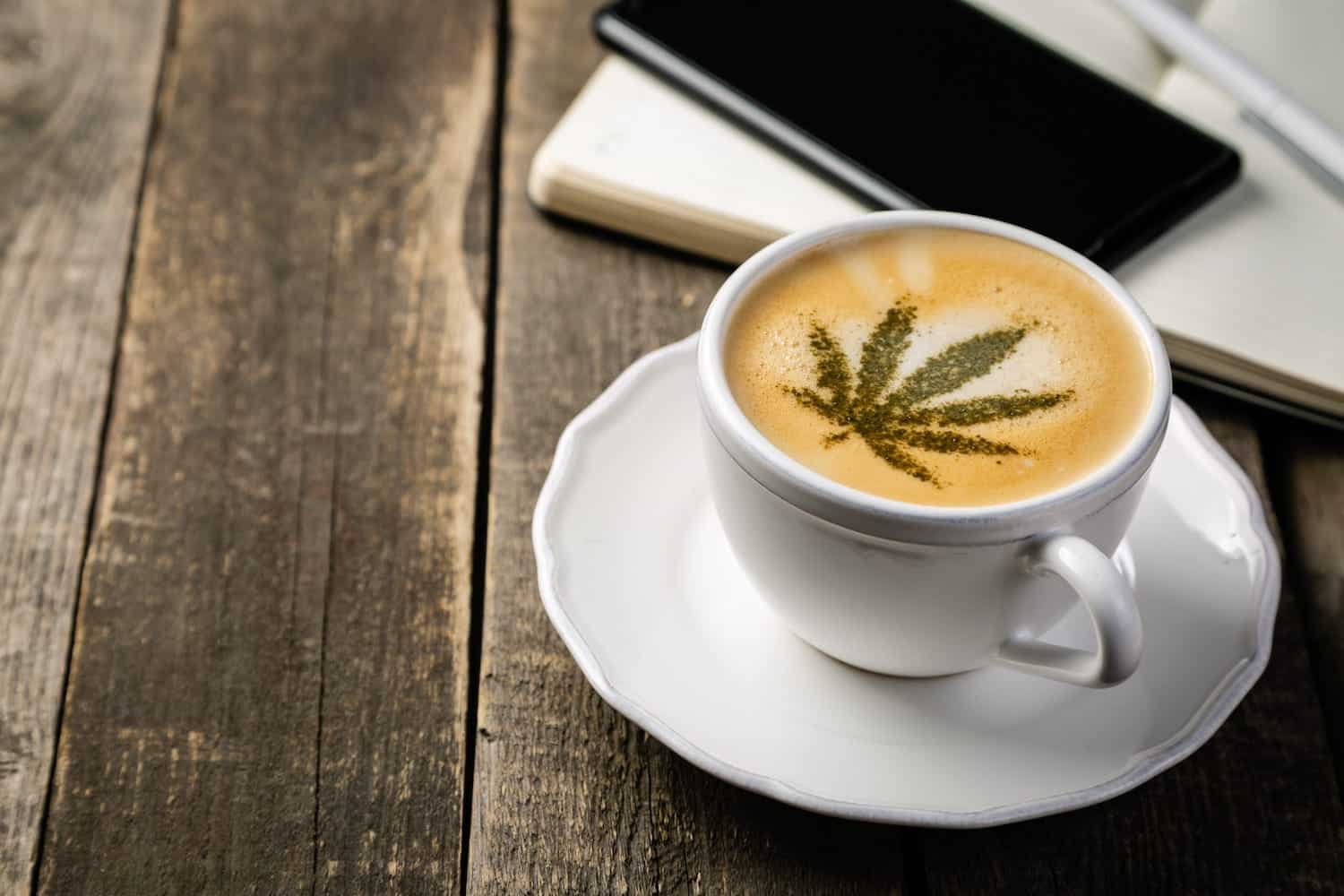 A cup of coffee sits on a white saucer atop a rustic wooden table. The frothy top of the coffee features a leaf design created with green powder, reminiscent of some cannabis lounges. In the background, there is a partially opened notebook and a black smartphone. CA Norml
