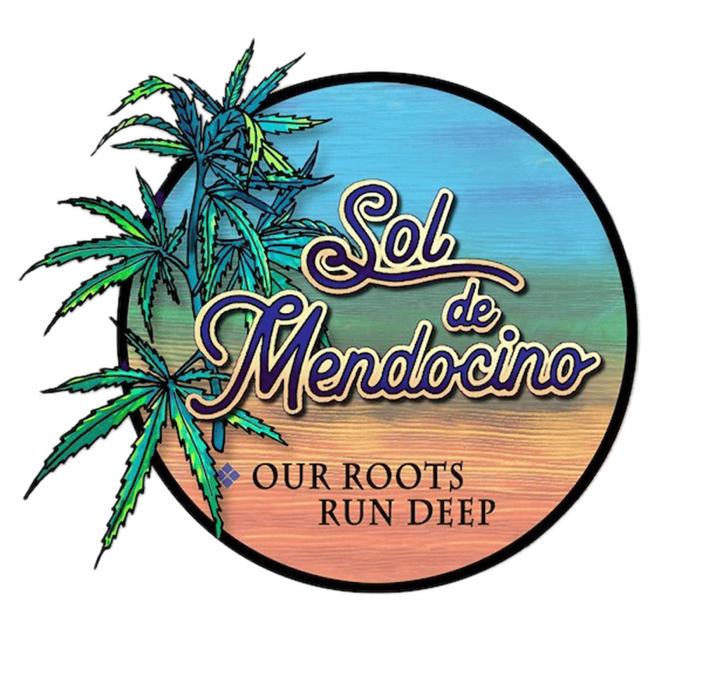 A circular logo with a gradient background transitioning from blue to orange. It shows green cannabis leaves on the left. The text reads "Sol de Mendocino" in elegant script and below, "Our Roots Run Deep" in bold, surrounded by a black rim, highlighting our commitment to Sungrown Organic and Local Cannabis. CA Norml