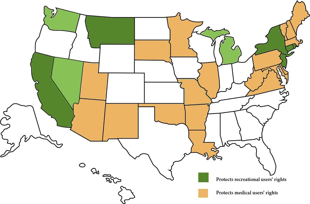 A map of the United States shows different states colored based on cannabis legalization. States protecting recreational users' rights are in green, states protecting medical users' rights are in orange, and uncolored states do not have these protections. Note how these state laws vary significantly across the country. CA Norml