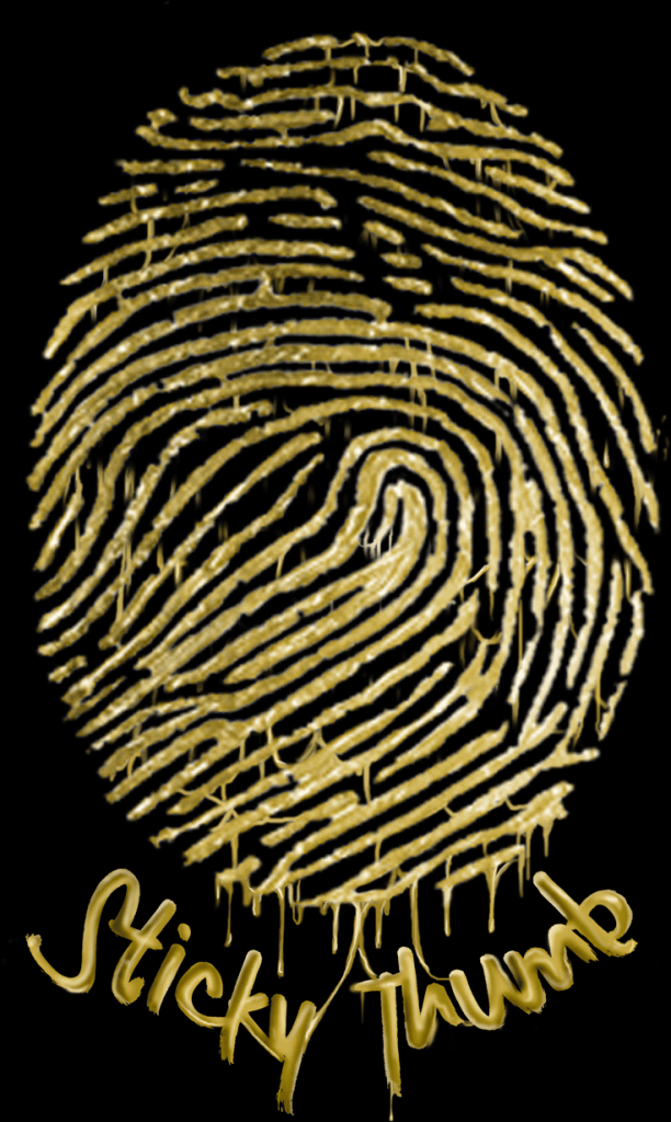 Image of a golden fingerprint with drips resembling wet paint. Below the fingerprint, the words "Sticky Thumb" are written in a matching golden, dripping font. The black background contrasts with the shiny gold elements, making them stand out prominently—a nod to Sticky Thumb's premium cannabis delivery service. CA Norml