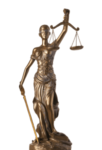 A bronze statue of Lady Justice wearing a blindfold and a flowing robe. She holds a sword in her right hand and a balance scale in her raised left hand, symbolizing fairness and impartiality in the justice system—an enduring icon for cannabis attorneys advocating for legal equity. CA Norml