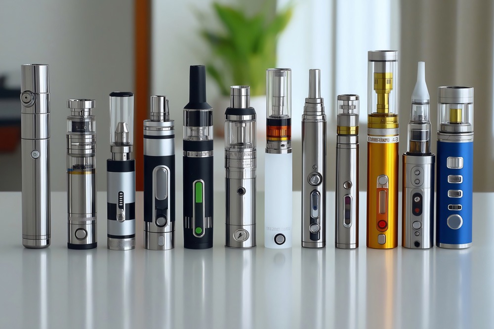 A variety of vape pens and electronic cigarettes, including some designed for cannabis use, are arranged in a row on a white surface, showcasing different designs, sizes, and colors. A green plant is blurred in the background. CA Norml