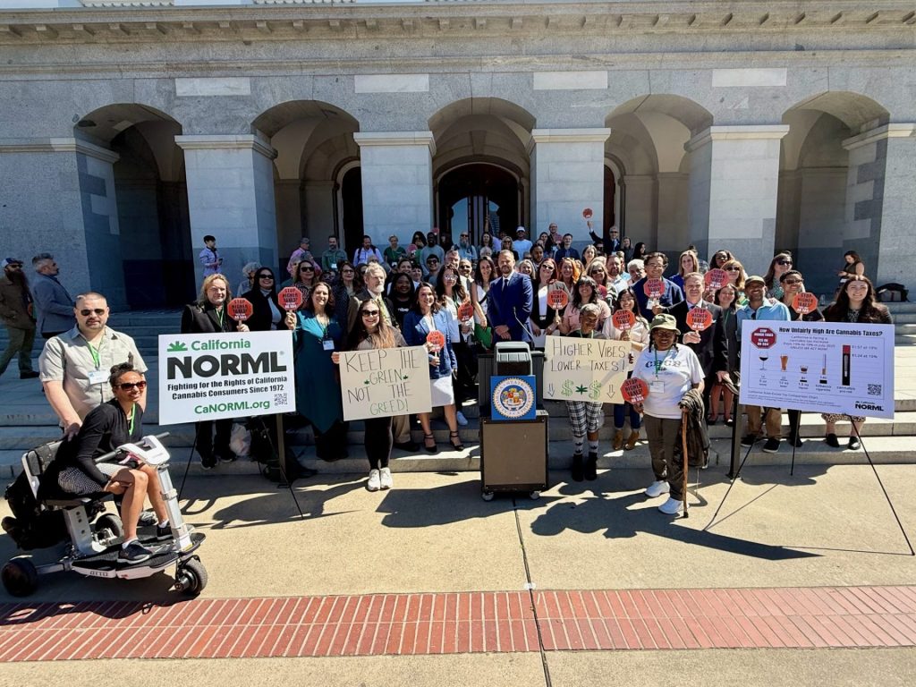 A large group gathers in front of a building with arched doorways, holding signs for cannabis advocacy. Messages like "Keep Jail for the Real Crime" and "Higher Wages, Lower Taxes" resonate. At the forefront, a person in a wheelchair champions AB 564, urging California to rethink Cannabis Tax policies. CA Norml
