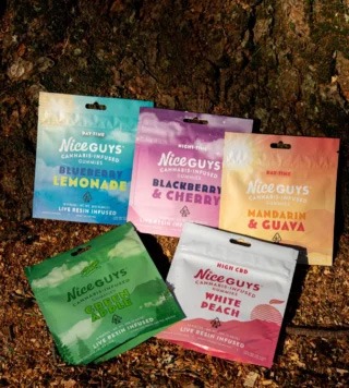 Five colorful Nice Guys cannabis-infused gummy packages—Blueberry Lemonade, Blackberry & Cherry, Mandarin & Guava, Green Apple, and White Peach—are displayed on the ground against a tree trunk, ready for Nice Guys Delivery. CA Norml