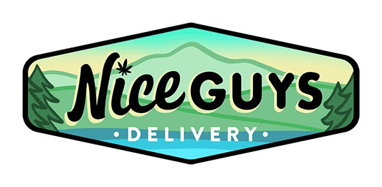 Logo for Nice Guys Delivery featuring bold black text, a cannabis leaf as the dot on the "i", and a scenic background with mountains, trees, and a river in green and blue tones. CA Norml
