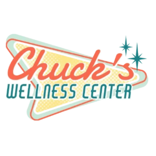 Retro-style logo for Chuck’s Wellness Center, featuring "Chuck’s" in orange script and "WELLNESS CENTER" in teal block letters. A yellow triangle and two teal stars highlight the Wellness Center's inviting, classic vibe. CA Norml