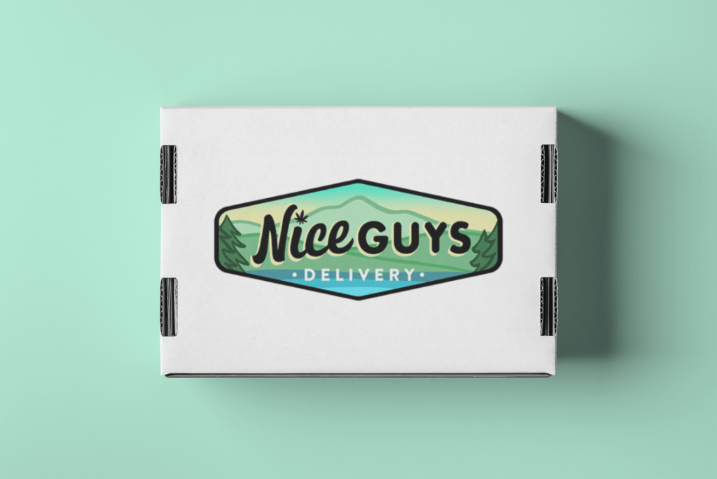A white delivery box with black side vents features the vibrant Nice Guys Delivery logo, set against a mountain and tree background, resting on a light teal surface. CA Norml